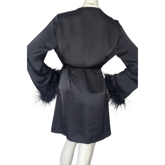 NWT Glamorous Black Satin Feather Wrap Mini Dress Medium | Night Out Luxe - Picture 3 of 7